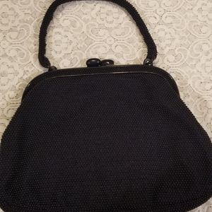 Vintage Navy Blue Handbag with Beaded Handle